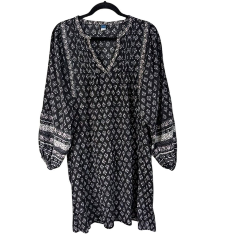 Old Navy Peasant Dress Women's Black Floral Puff Sleeves Oversize Pockets L